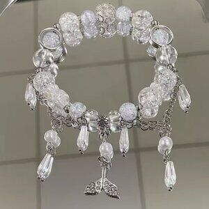White Silver Chain Crystal Opal Beaded Mermaid Whale Tail Bracelet Jewelry